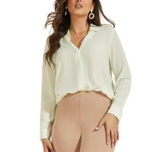 SIRIL Women’s Georgette Plain Long Sleeve Off White Formal Shirt
