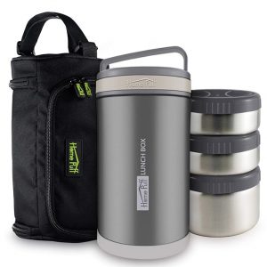 Home Puff Double Wall Vacuum Insulated Stainless Steel HeatPro Office Lunch Box for Men/Women, Easy to Carry Leak-Proof Tiffin Box, 3-Containers, Free Lunch Bag, 1.7L, Grey, 1-Year Warranty