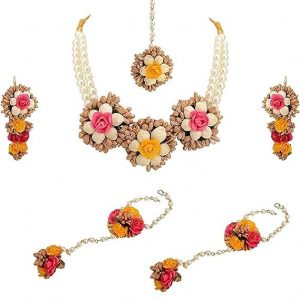 Rovlen Jewellery Yellow & red Flowers and Golden Paraag Jewellery Set For Haldi Pearl Necklace, Earring & Maang Tika for Women & Girls