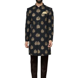 KISAH Men’s Cotton Blend Full Sleeves Regular Fit Printed Sherwani Trouser Set