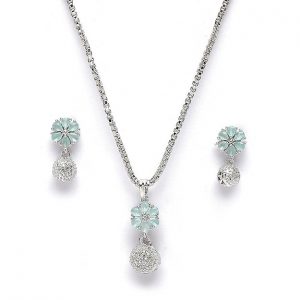 ZENEME Rhodium-Plated Silver Toned Green Cubic Zirconia studded Floral Shaped Cute Pendant with Earrings Jewellery Set for Girls and Women (Green)