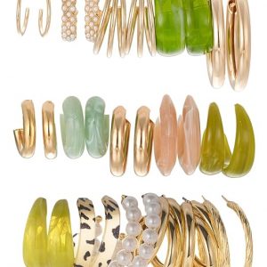 Shining Diva Fashion 15 Pairs Combo Latest Trendy Stylish Celebrity Inspired Pearl Gold Plated and Leopard Print C Shaped Geometric Hoop Earrings for Women and Girls