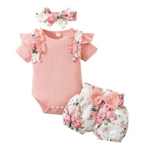Hopscotch Girls Cotton and Polyester Floral Print Onesie and Shorts Set with Headband in Pink Color