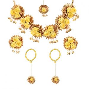 ZENEME Jewellery Set for Women Floret Gota Patti Necklace, Earrings, Bracelet & Maang Tika for Women & Girls (Mehandi/Haldi)