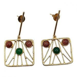 Golden Brass Square Pattern with Colorful Stones Latest Trendy Unique Design Stylish Heavy Quality Earring for Girls and Women By NNish