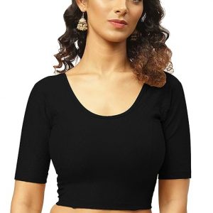 Fressia Fabrics Round Neck Dobby Cotton Lycra Stretchable Elbow Sleeve Readymade Saree Blouse for Women Stylish