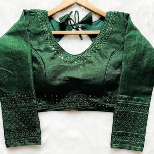 Pujia Mills Milan Silk Full Sleeve V Neck Multi Embroidery Trendy Saree Blouse(Rukmini)