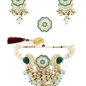 ZAVERI PEARLS Turquoise Blue & Green Meenakari Cascading Waterfall Beads Necklace Earring & Ring Set For Women-ZPFK14607