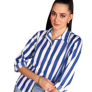 POPWINGS Women Casual Blue & White Stripe Printed Shirt | Full Sleeve Shirt | Collar Button Shirt | Trendy Shirt | Stylish Shirt | Casual Regular Shirt