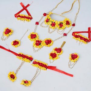 Sanvatsar Jewellery Pearl Designer Yellow & Red Jewellery Set with 10 Items for Women & Girls (Mehandi/Haldi Bridal/Baby Shower) SP.7
