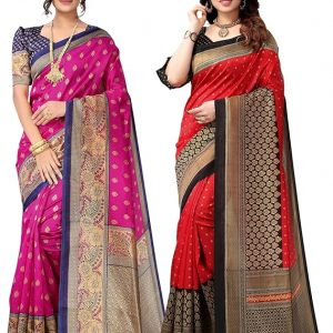 SIRIL Women’s Printed Poly Silk Saree With Blouse Piece Combo Pack of 2