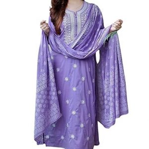 ADIYAL Women’s Beautiful Rayon 3/4 Sleeves Embroidery Work Straight Kurti with Pant & Embroidery Dupatta Set