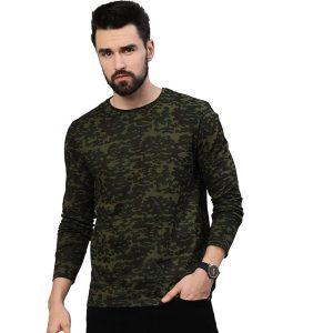 Urbano Fashion Men’s Olive Green, Khaki Military Camouflage Printed Slim Fit Full Sleeve Cotton T-Shirt