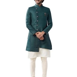 KISAH Men’s Kurta Sherwani Churidar Set, Green Cotton, Solid Long Sleeves Regular Fit Mandarin Collar