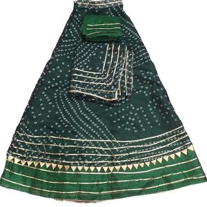 Vansh Enterprises Women/Girls Gota Patti Work Bandhani Bandej Kota Doria Ready to Wear Lehenga & Dupatta With Unstitched Blouse Piece