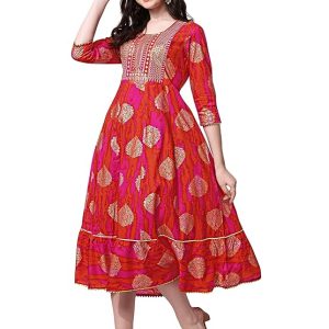 SOURBH Women’s Cotton Sequins Embroidery Work Foil Printed A-Line Kurti Only
