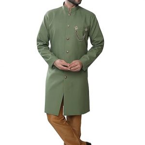 Avaeta Cotton Blend Solid Nawabi Sherwani Set With Golden Pajama