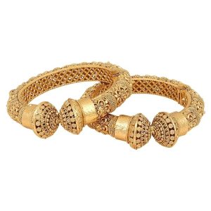 ACCESSHER Gold Plated Set Of 2 Traditional Rajwadi Jewellery Inspired Ethnic Filigree Style Screw Closure Bangles/Kada/Festive Bangles for Women and Girls (Gold2)
