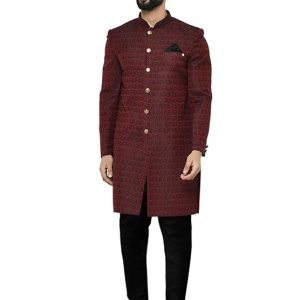 KISAH Men’s Cotton Blend Full Sleeves Regular Fit Woven Design Kurta Sherwani Churidar Set
