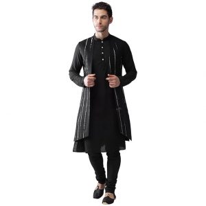 KISAH Men Peanut Layered Kurta Churidar with Nehru Jacket, Full Sleaves, Knee Length, Straight, Regular Fit, Mandarin Collar Ethnic wear