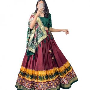 Royalstyle Women’s Heavy Tussar Silk Fabric With Patola Print With Foil Work Stitched Lehenga Choli For Womens And Girls