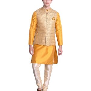 Uri and MacKenzie Men’s Silk Blend Regular Kurta Churidar Pyjama with Bundi Nehru Jacket/Waistcoat