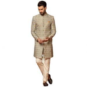 KISAH Men’s Sherwani Dhoti Set, Silk Blend Full Sleaves, Knee Length, Straight, Regular Fit, Mandarin Collar Ethnic wear