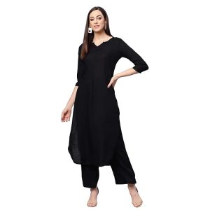 idaLia Rayon Solid Straight Kurta with Palazzo Pant Set – Designer Long Kurta Set, 3/4 Sleeve, Round V Neck, Calf Length