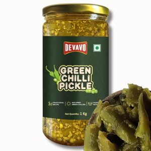 Devavo Green Chilli Pickle 1 Kg | Sun Dried Green Chillies | Traditional Recipe | Handmade with Love | No Artificial Colour & Flavour