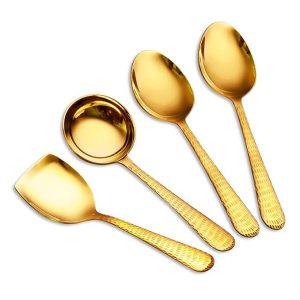AXIOM Stainless Steel Golden Serving Tools Set. 4 Piece Heavy Gauge Non-Stick Set of 1 Soup Ladle (Karchi), 2 Solid Spoon (Chamcha) & 1 Rice Spoon for Serving Soup/Curry/dal/Rice. Champagne Gold