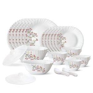 Larah by Borosil Red Bud Silk Series Opalware Dinner Set | 35 Pieces for Family of 6 | Microwave & Dishwasher Safe | Bone-Ash Free | Crockery Set for Dining & Gifting | Plates & Bowl
