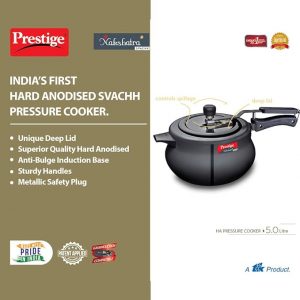 Prestige 5 Litres Svachh Nakshatra Plus Induction Base Inner Lid Hard Anodised Pressure Handi |Black | Deep Lid | Anti-Bulge Base | Sturdy Handles