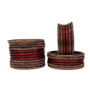 Lahthi Wala – Traditional Jaipuri Lakh Bangle Handmade Rajasthani Bangles for Women, Ethnic Wedding Set For Girls & Ladies, Gift For Wife (24 pis) Red, Maroon & Yellow