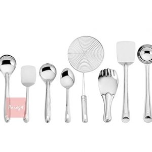 Parage Stainless Steel 10 Pieces Cooking Spoons Set, Contains Ladle, Turner, Strainer, Rice Spoon, Oval Spoon, Serving Spoon, Kitchen Cooking Essential Set for Home, 10 Pcs