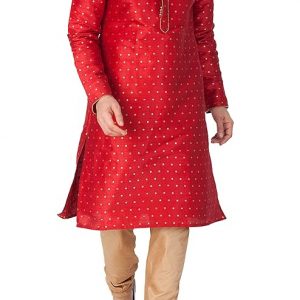 VASTRAMAY Mens Silk Blend Kurta Pyjama Set – Classic Ethnic Attire for Timeless Style and Cultural Celebrations | Jacquard Woven Zari Work with Shimmer Piping Full Sleeves Kurta