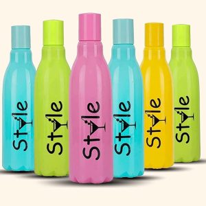 Onprix Plastic Style Water Bottle 1 litre, Pani ki Botal, Fridge Bottle, Ideal for Office, Sports, School, Travelling, Gym, Yoga (Multi Color, Pack of 6)