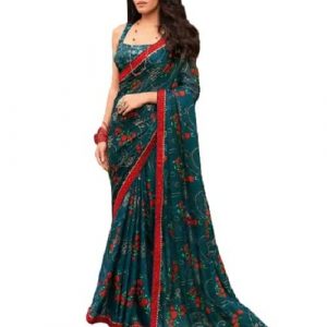RAJESHWAR FASHION WITH RF Women’s Foil Printed Chiffon Saree For Women With Fringes Tassels Lace Border With Digital Print Blouse(Multicolored)