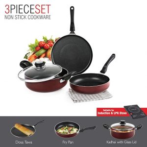 Cello Prima Induction Base Non-Stick Aluminium Pan Cookware Set, 3-Pieces, Cherry Red