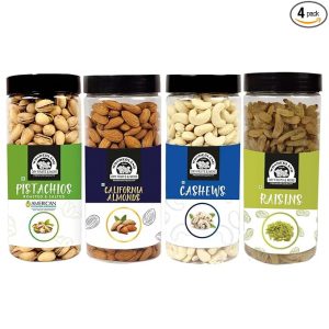 WONDERLAND FOODS (DEVICE) Dry Fruits Combo 2Kg Pack Of 4 Almonds (Np), Cashews (W 320) Mangalore Quality, Roasted & Salted Pistachios And Raisins (500G X 4) Jar