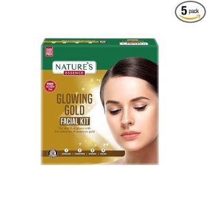 NATURES ESSENCE Glowing Gold Facial Kit With Free Facewash | For 3 Uses | Bright & Glowing Skin | Parlour Wala Asli Glow In 30 Minutes | 60G + 50Ml