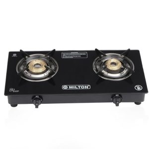 Milton Premium Pro 2 Burner Auto Ignition Gas Stove with – High-Powered Brass Burner Cooktop, Powder Coated Frame, Sleek Knobs, 2 Durable Pan Support, 1-Year Warranty (ISI Certified), Black
