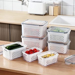 FWQPRA Refrigerator Storage Box Fridge Fresh Kitchen Organizer Vegetable Fruit Boxes Drain Basket Kitchen Storage Containers With Lid (polypropylene & silicone, Pack of 4, White)