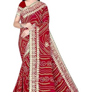 Women’s Bandhani Printed Gota Patti work Georgette Saree with Un-Stitched Blouse Piece (6.3 Meter) Design 02