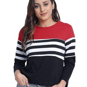 JUNEBERRY® Pure Cotton Full Sleeves Round Neck with Rib Colorblocked Striped T-Shirt for Women (Available in Anthra & Red Color)