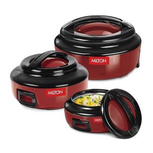 MILTON Ernesto Inner Stainless Steel Casserole Set of 3 (420 ml, 850 ml, 1.43 litres), Red | Easy to Carry | Serving | Stackable | Microwave Safe Visit the MILTON Store