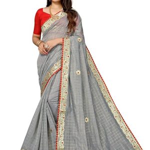 SIRIL Women’s Dyed, Piping, Gota Work With Embroidery Work, Piping, Woven Checks Poly Cotton Saree with Blouse