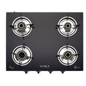 Roll over image to zoom in   VIDEO      BLOWHOT Jasper Heavy Tornado Brass 4 Burner Auto Ignition Gas Stove | Toughened Glass Cooktop | ISI Certified -Stainless Steel Frame -2 Year Warranty on Burner,Gas Valve and Glass (Black) – By BLOWHOT