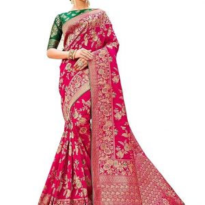 Monjolika Fashion Women’s Banarasi Silk Blend Woven Zari With Tussles Saree and Jacquard Woven Blouse Piece (37765 color)