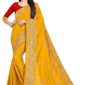 High Glitz Fashion Women’s Embroidery Work & Gota Patti Lace Work Dola Silk Saree with Un-Stitched Benglori Silk Blouse Piece