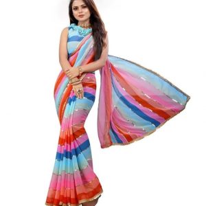 Zili Women’s Striped Georgette Print Saree With Unstitched Blouse Piece gota patti lace work with contrast blouse -Multicolor